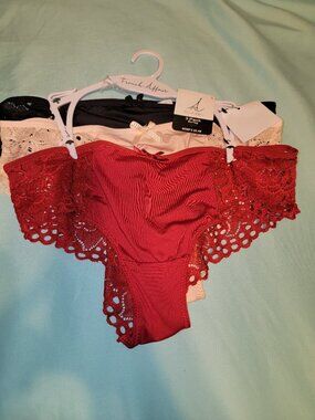 FRENCH AFFAIR 3 Pack Women's L Lace Boy Leg Panties Cheeky Red Black Tan Chili